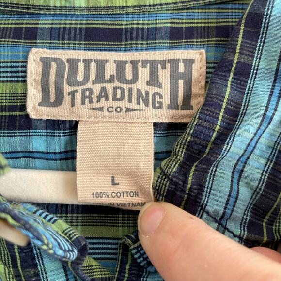 Duluth Size L Plaid Blue Green Button Up Shirt Short Sleeves 100% Cotton - Picture 5 of 7